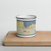 Front View Custom Hilo Hawaii Map Enamel Mug in Woodblock on Cutting Board