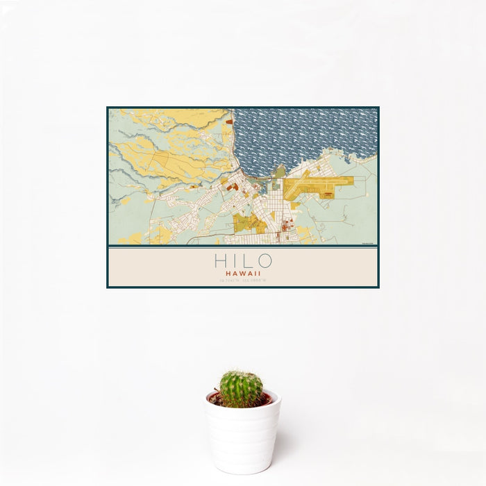 12x18 Hilo Hawaii Map Print Landscape Orientation in Woodblock Style With Small Cactus Plant in White Planter