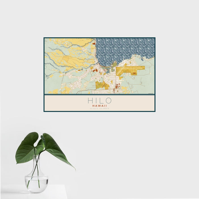 16x24 Hilo Hawaii Map Print Landscape Orientation in Woodblock Style With Tropical Plant Leaves in Water