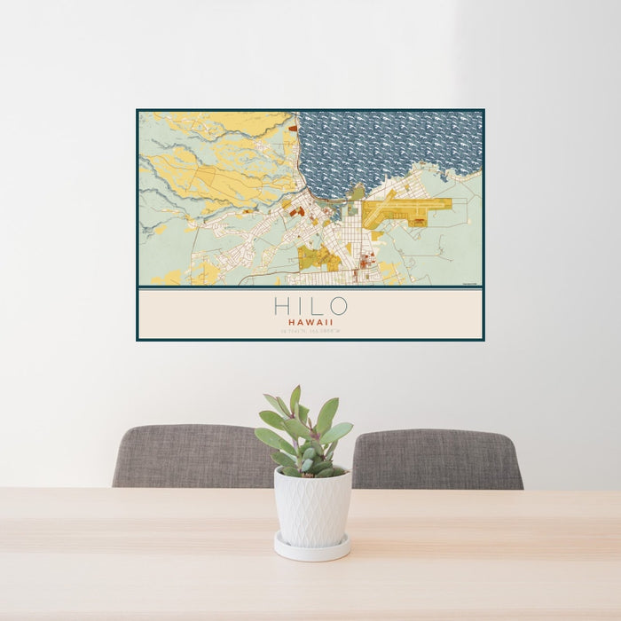 24x36 Hilo Hawaii Map Print Landscape Orientation in Woodblock Style Behind 2 Chairs Table and Potted Plant
