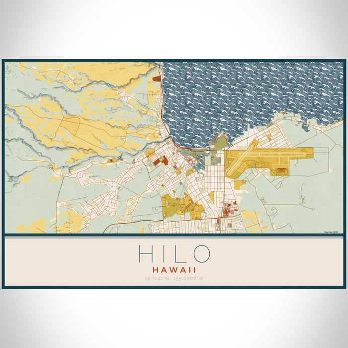 Hilo Hawaii Map Print Landscape Orientation in Woodblock Style With Shaded Background