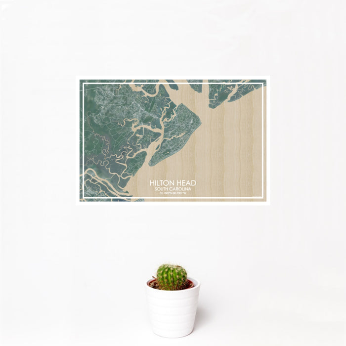 12x18 Hilton Head South Carolina Map Print Landscape Orientation in Afternoon Style With Small Cactus Plant in White Planter