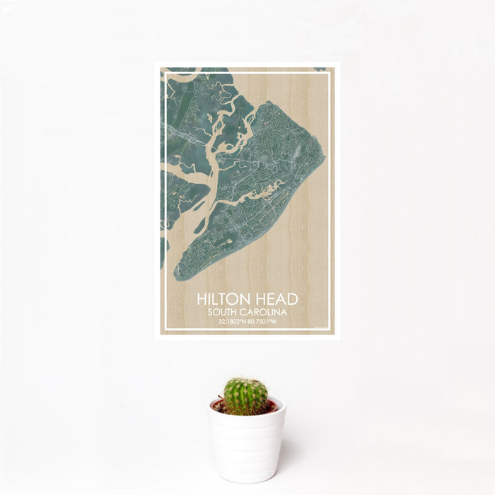 12x18 Hilton Head South Carolina Map Print Portrait Orientation in Afternoon Style With Small Cactus Plant in White Planter