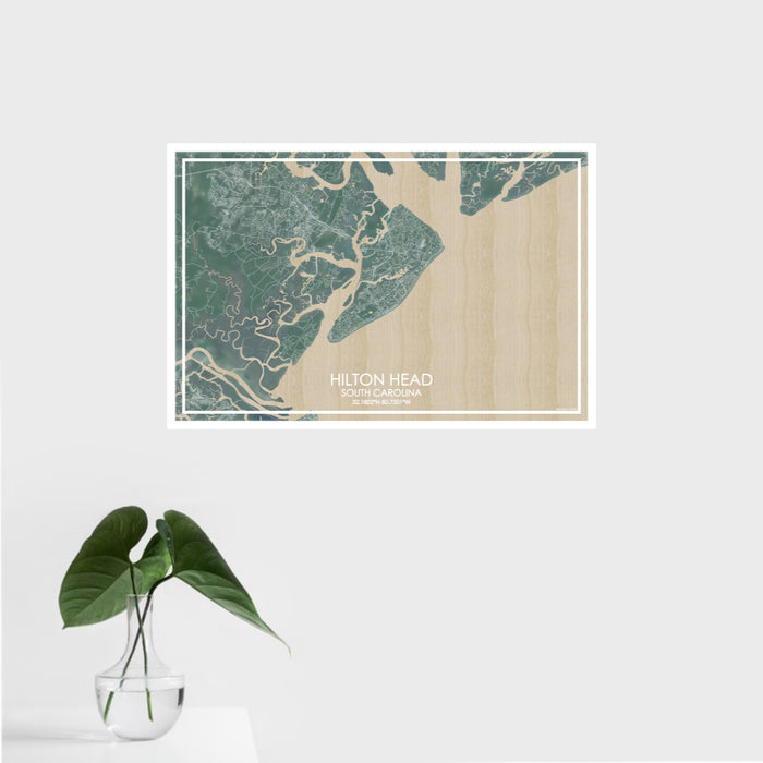 16x24 Hilton Head South Carolina Map Print Landscape Orientation in Afternoon Style With Tropical Plant Leaves in Water
