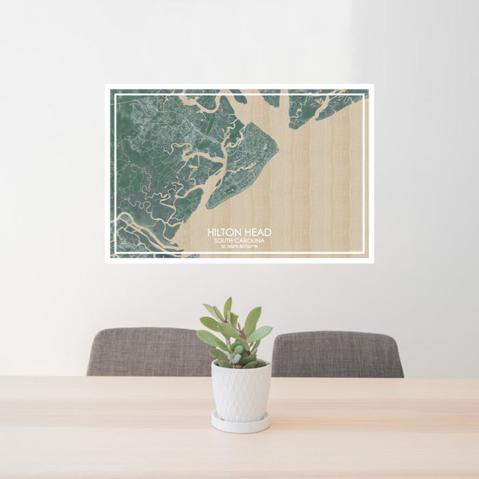 24x36 Hilton Head South Carolina Map Print Lanscape Orientation in Afternoon Style Behind 2 Chairs Table and Potted Plant