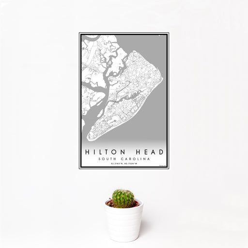 12x18 Hilton Head South Carolina Map Print Portrait Orientation in Classic Style With Small Cactus Plant in White Planter