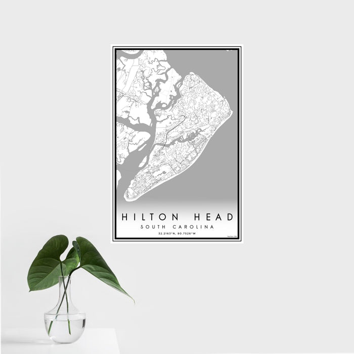 16x24 Hilton Head South Carolina Map Print Portrait Orientation in Classic Style With Tropical Plant Leaves in Water