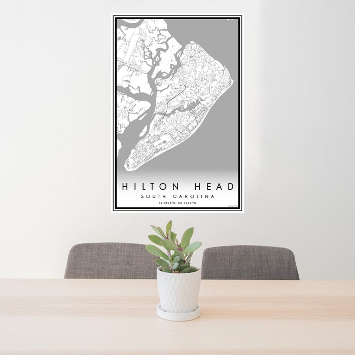 24x36 Hilton Head South Carolina Map Print Portrait Orientation in Classic Style Behind 2 Chairs Table and Potted Plant