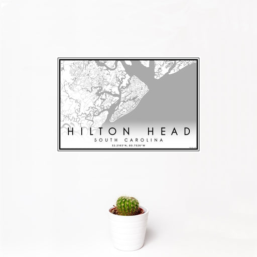 12x18 Hilton Head South Carolina Map Print Landscape Orientation in Classic Style With Small Cactus Plant in White Planter
