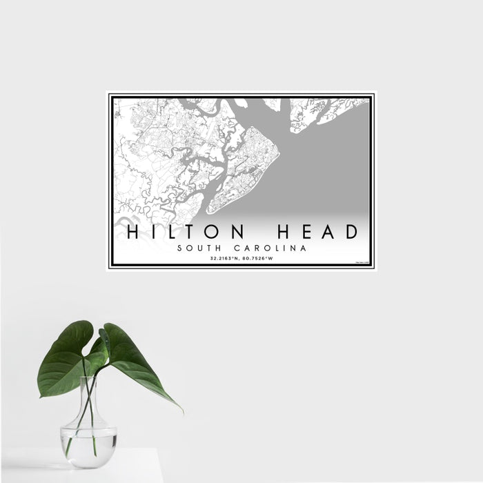 16x24 Hilton Head South Carolina Map Print Landscape Orientation in Classic Style With Tropical Plant Leaves in Water