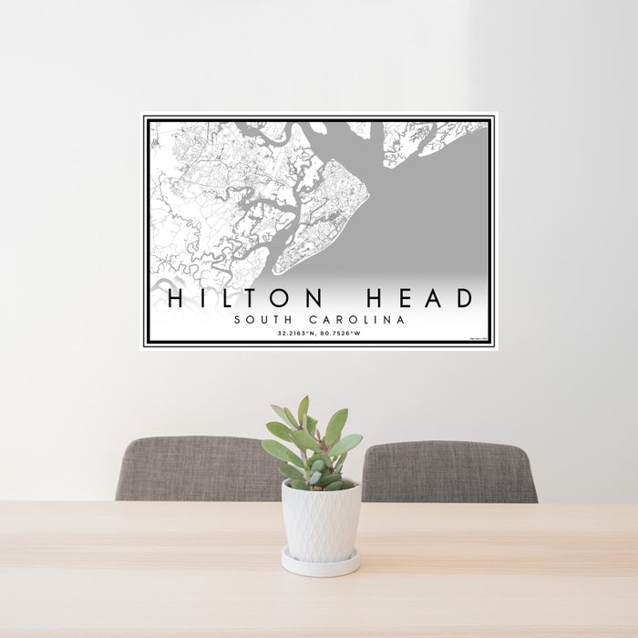 24x36 Hilton Head South Carolina Map Print Landscape Orientation in Classic Style Behind 2 Chairs Table and Potted Plant