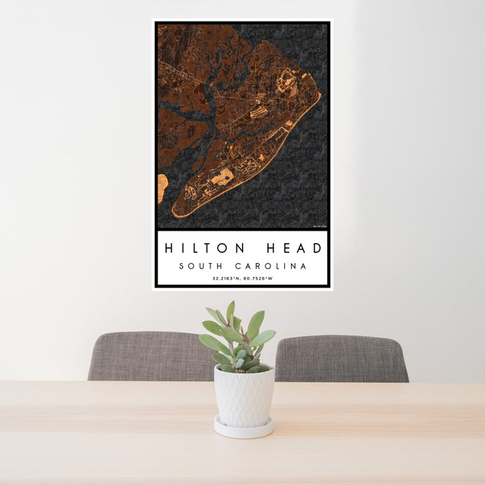 24x36 Hilton Head South Carolina Map Print Portrait Orientation in Ember Style Behind 2 Chairs Table and Potted Plant