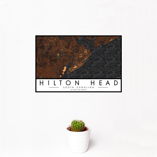 12x18 Hilton Head South Carolina Map Print Landscape Orientation in Ember Style With Small Cactus Plant in White Planter