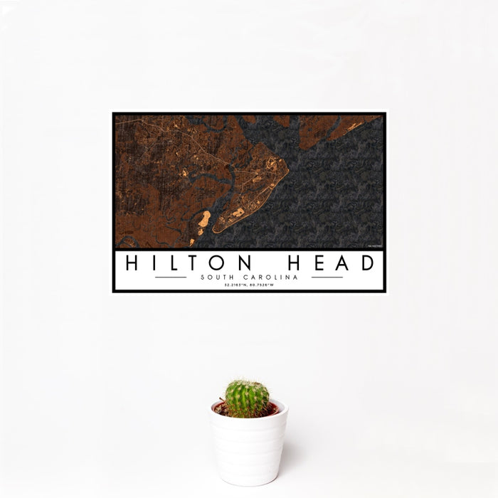 12x18 Hilton Head South Carolina Map Print Landscape Orientation in Ember Style With Small Cactus Plant in White Planter