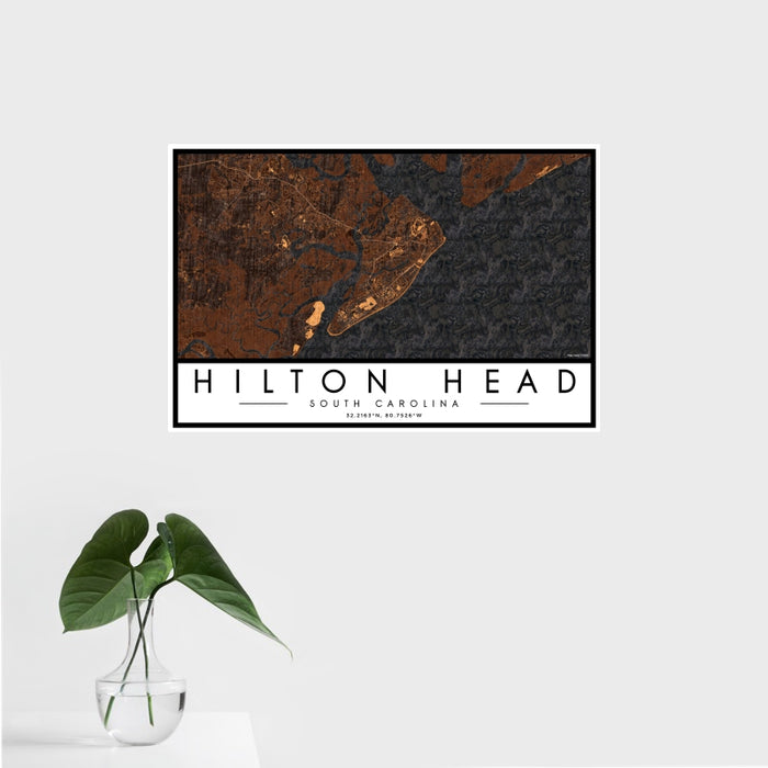 16x24 Hilton Head South Carolina Map Print Landscape Orientation in Ember Style With Tropical Plant Leaves in Water