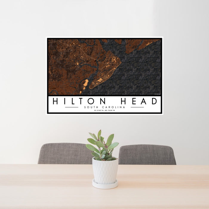 24x36 Hilton Head South Carolina Map Print Landscape Orientation in Ember Style Behind 2 Chairs Table and Potted Plant