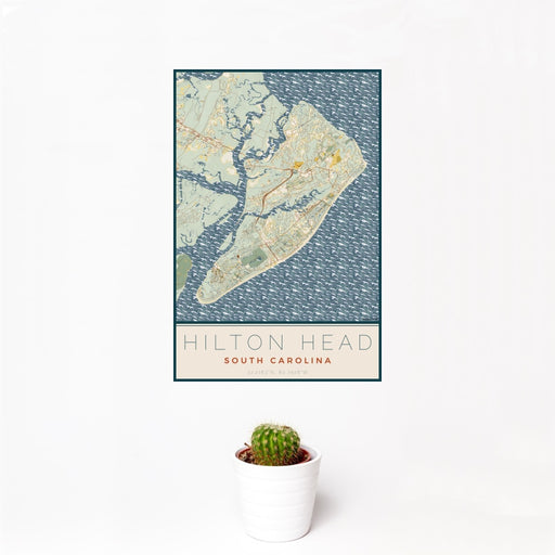 12x18 Hilton Head South Carolina Map Print Portrait Orientation in Woodblock Style With Small Cactus Plant in White Planter