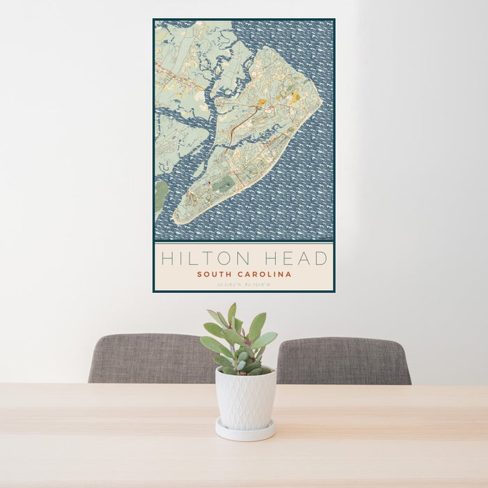 24x36 Hilton Head South Carolina Map Print Portrait Orientation in Woodblock Style Behind 2 Chairs Table and Potted Plant