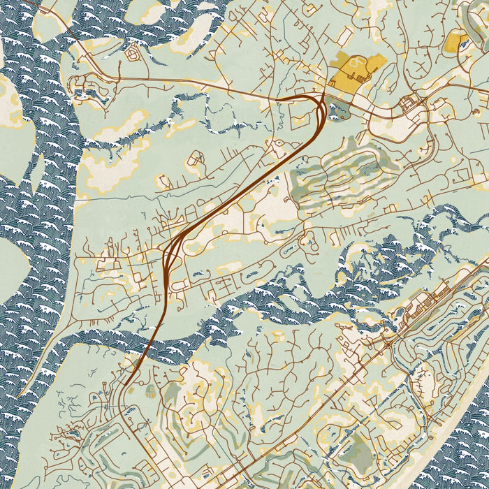 Hilton Head South Carolina Map Print in Woodblock Style Zoomed In Close Up Showing Details