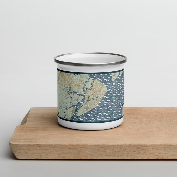 Front View Custom Hilton Head South Carolina Map Enamel Mug in Woodblock on Cutting Board