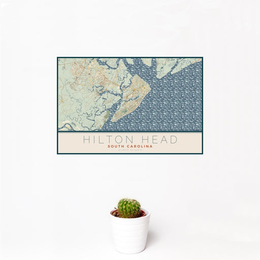 12x18 Hilton Head South Carolina Map Print Landscape Orientation in Woodblock Style With Small Cactus Plant in White Planter