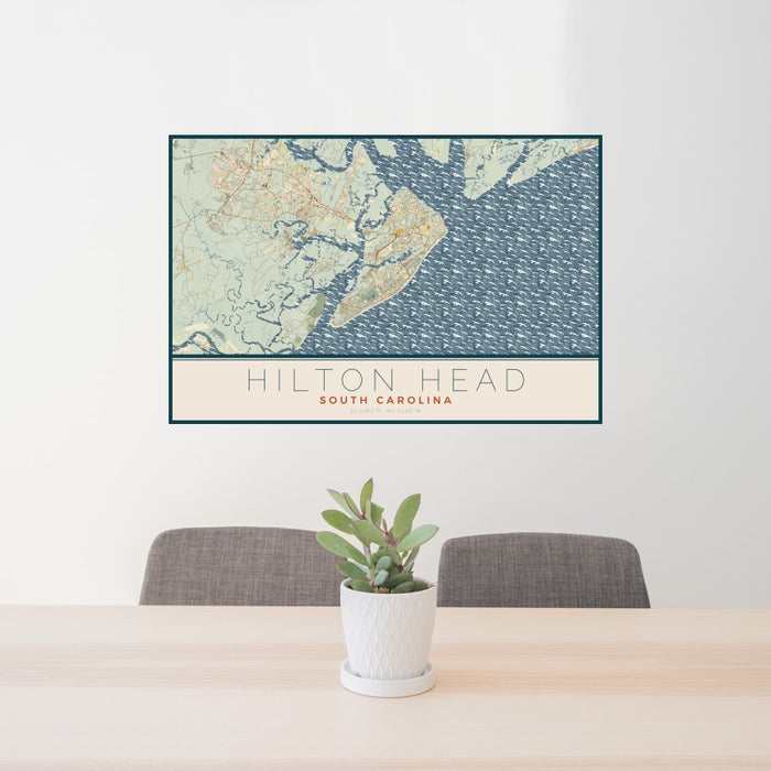24x36 Hilton Head South Carolina Map Print Landscape Orientation in Woodblock Style Behind 2 Chairs Table and Potted Plant
