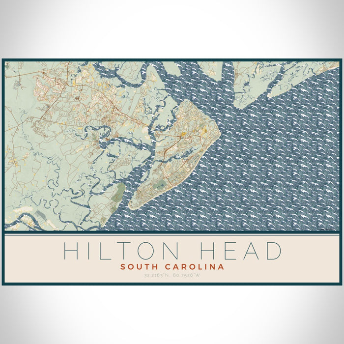Hilton Head South Carolina Map Print Landscape Orientation in Woodblock Style With Shaded Background