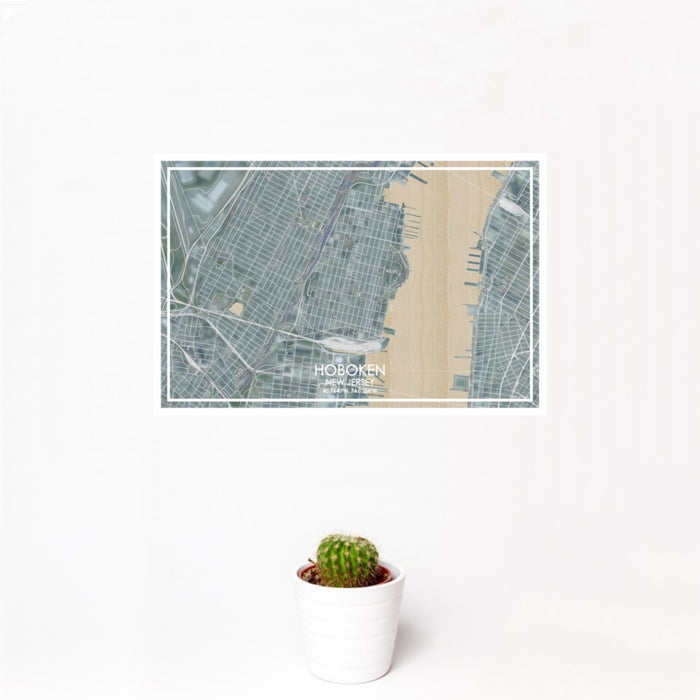 12x18 Hoboken New Jersey Map Print Landscape Orientation in Afternoon Style With Small Cactus Plant in White Planter
