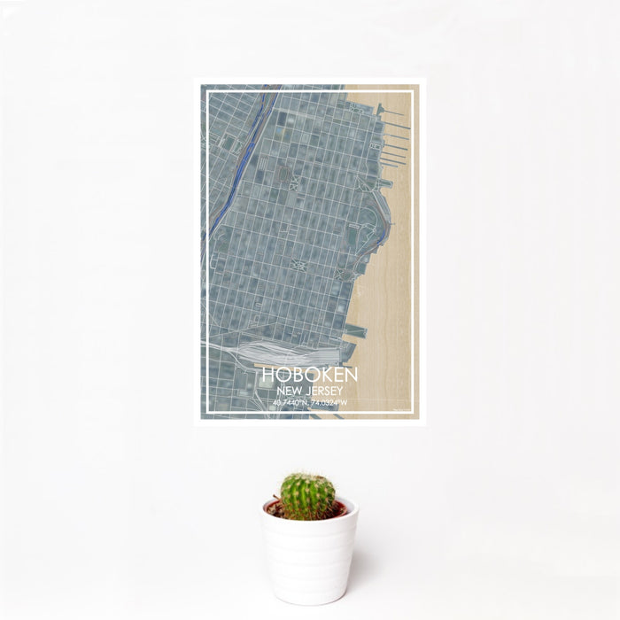 12x18 Hoboken New Jersey Map Print Portrait Orientation in Afternoon Style With Small Cactus Plant in White Planter