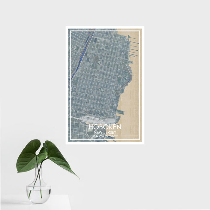 16x24 Hoboken New Jersey Map Print Portrait Orientation in Afternoon Style With Tropical Plant Leaves in Water