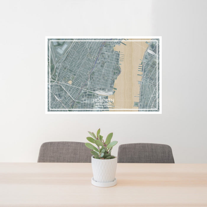 24x36 Hoboken New Jersey Map Print Lanscape Orientation in Afternoon Style Behind 2 Chairs Table and Potted Plant