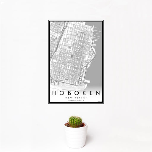 12x18 Hoboken New Jersey Map Print Portrait Orientation in Classic Style With Small Cactus Plant in White Planter