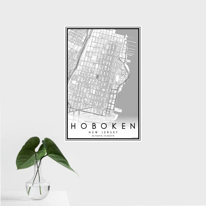 16x24 Hoboken New Jersey Map Print Portrait Orientation in Classic Style With Tropical Plant Leaves in Water