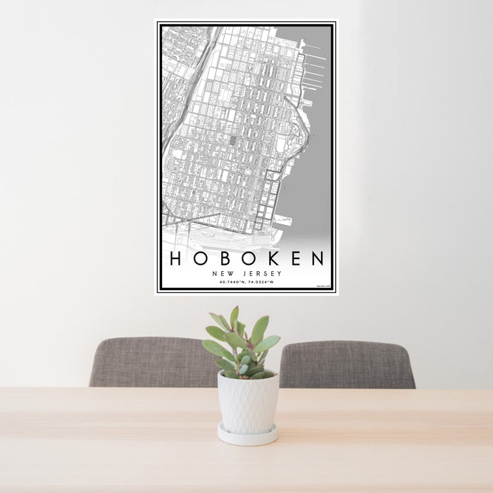 24x36 Hoboken New Jersey Map Print Portrait Orientation in Classic Style Behind 2 Chairs Table and Potted Plant
