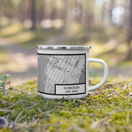 Right View Custom Hoboken New Jersey Map Enamel Mug in Classic on Grass With Trees in Background