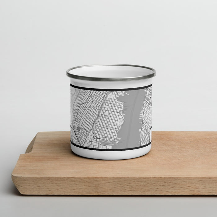 Front View Custom Hoboken New Jersey Map Enamel Mug in Classic on Cutting Board
