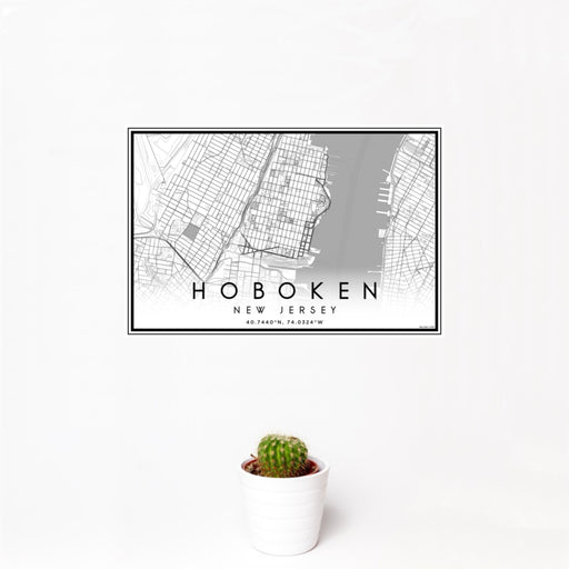 12x18 Hoboken New Jersey Map Print Landscape Orientation in Classic Style With Small Cactus Plant in White Planter