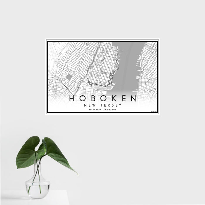 16x24 Hoboken New Jersey Map Print Landscape Orientation in Classic Style With Tropical Plant Leaves in Water