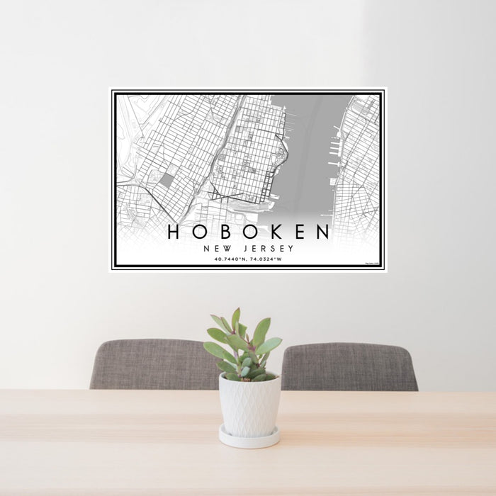 24x36 Hoboken New Jersey Map Print Landscape Orientation in Classic Style Behind 2 Chairs Table and Potted Plant