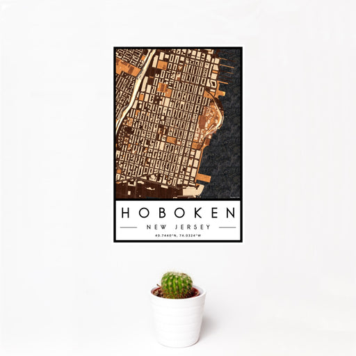 12x18 Hoboken New Jersey Map Print Portrait Orientation in Ember Style With Small Cactus Plant in White Planter