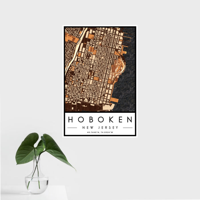 16x24 Hoboken New Jersey Map Print Portrait Orientation in Ember Style With Tropical Plant Leaves in Water