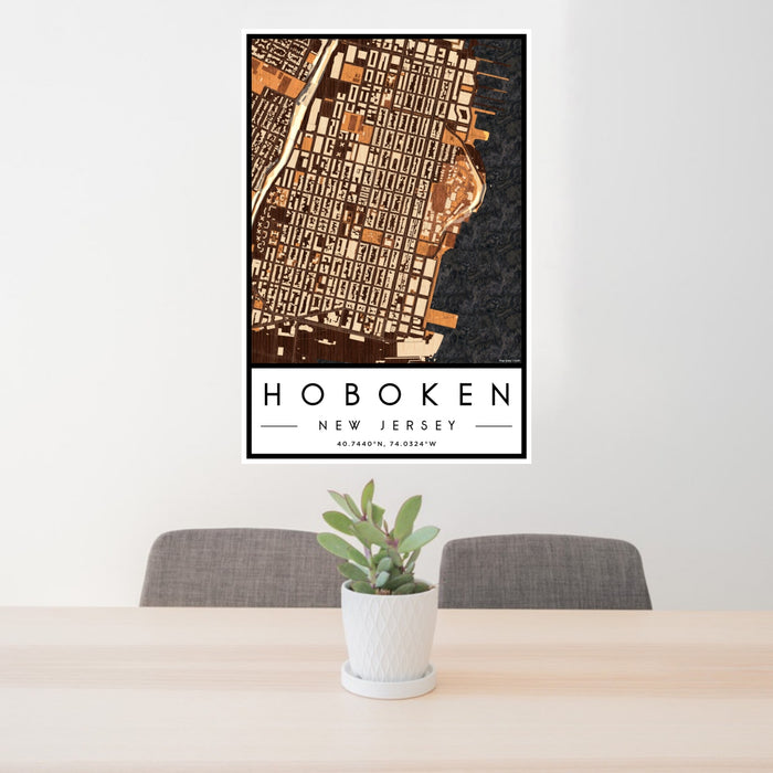 24x36 Hoboken New Jersey Map Print Portrait Orientation in Ember Style Behind 2 Chairs Table and Potted Plant