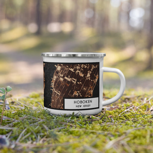 Right View Custom Hoboken New Jersey Map Enamel Mug in Ember on Grass With Trees in Background