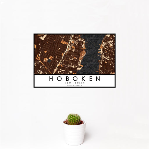 12x18 Hoboken New Jersey Map Print Landscape Orientation in Ember Style With Small Cactus Plant in White Planter