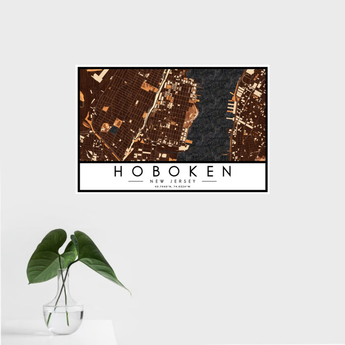 16x24 Hoboken New Jersey Map Print Landscape Orientation in Ember Style With Tropical Plant Leaves in Water