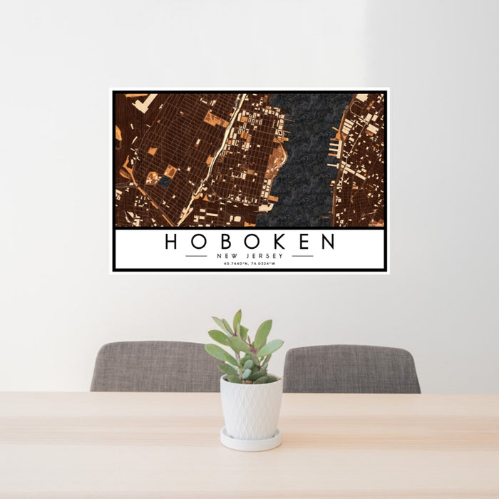 24x36 Hoboken New Jersey Map Print Landscape Orientation in Ember Style Behind 2 Chairs Table and Potted Plant