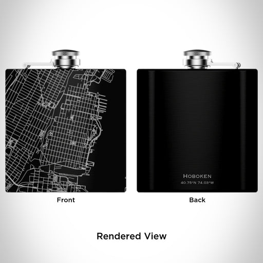Rendered View of Hoboken New Jersey Map Engraving on 6oz Stainless Steel Flask in Black