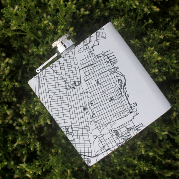 Hoboken New Jersey Custom Engraved City Map Inscription Coordinates on 6oz Stainless Steel Flask in White