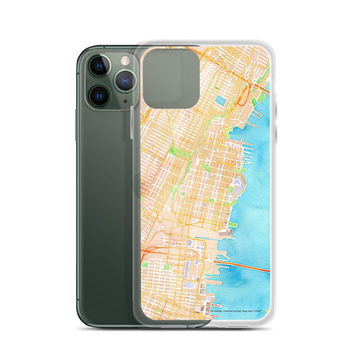 Custom Hoboken New Jersey Map Phone Case in Watercolor on Table with Laptop and Plant