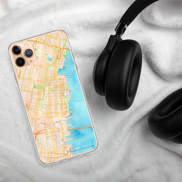 Custom Hoboken New Jersey Map Phone Case in Watercolor on Table with Black Headphones